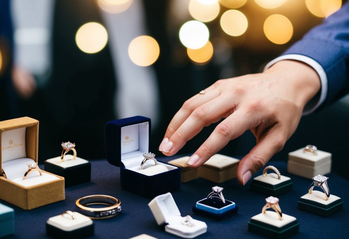 A hand reaching for a ring box, surrounded by various styles and designs of engagement rings on display