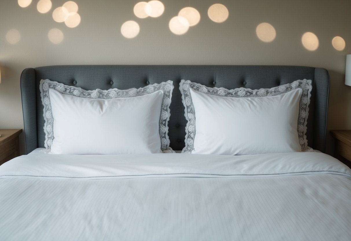 A cozy bed with two pillows side by side, one adorned with a delicate lace trim and the other with a simple, practical design