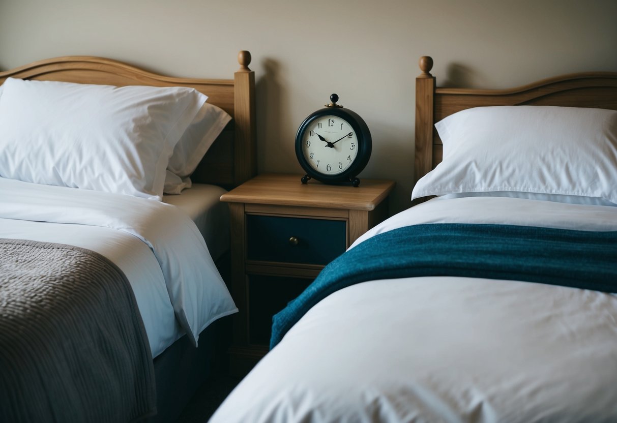 A cozy bedroom with two separate beds, one neatly made and the other slightly rumpled. A clock on the nightstand reads 11:00 PM