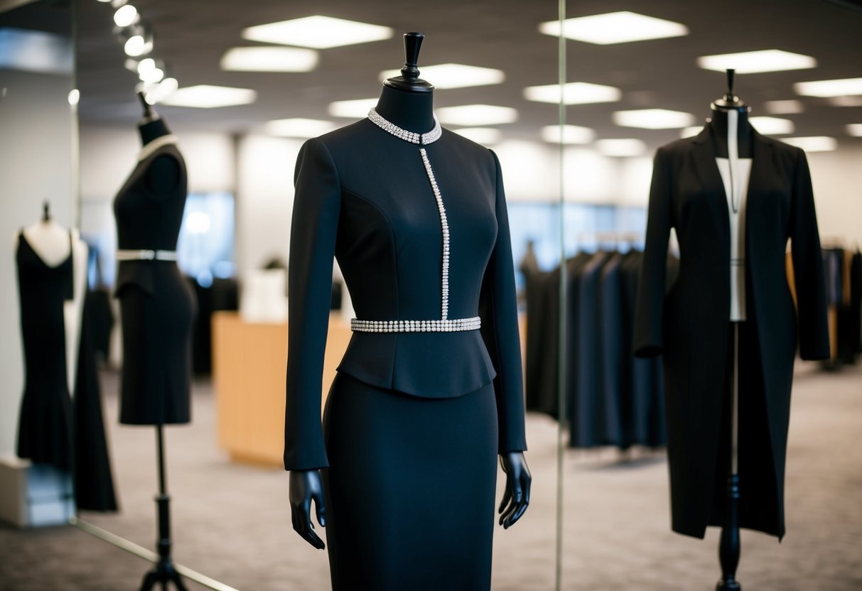 A sleek, all-black reception outfit displayed on a mannequin