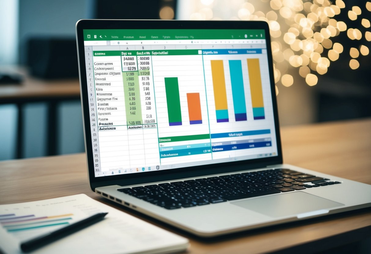 A laptop displaying an Excel spreadsheet with labeled columns for income, expenses, and savings, along with colorful graphs and charts