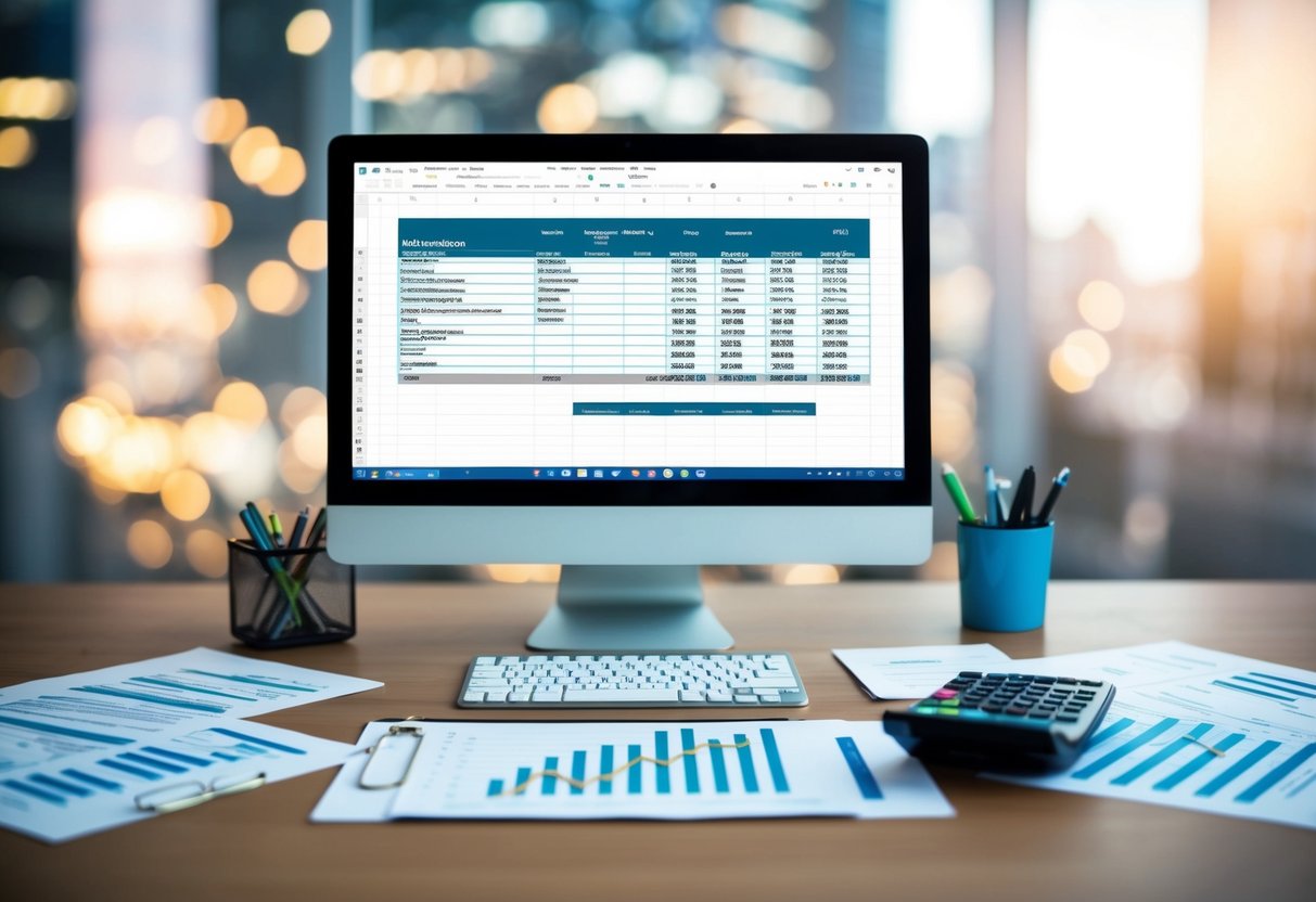 A desk with a computer open to a spreadsheet, surrounded by financial documents and a calculator