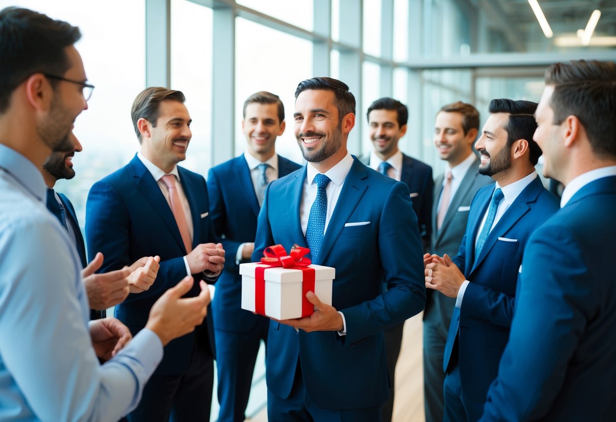 A group of men in suits standing together, one holding a gift box, while others chat and laugh