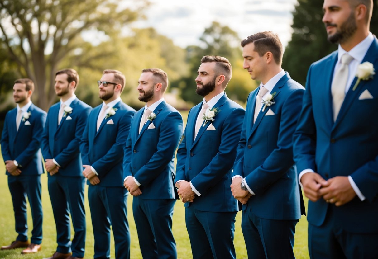 Groomsmen stand in a line, varying heights. One adjusts a boutonniere while another straightens his tie