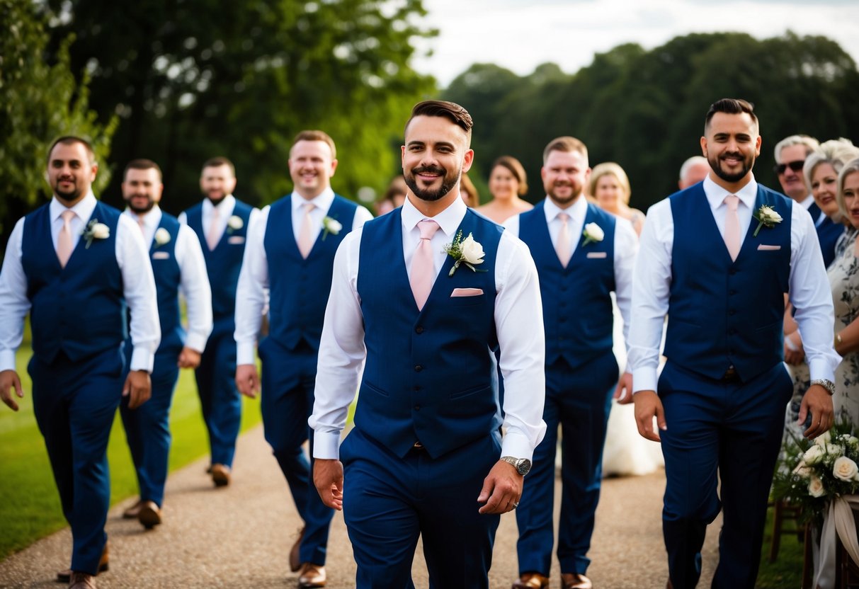 Groomsmen in traditional wedding processional order, leading the way for the bride, followed by the groom and other members of the wedding party