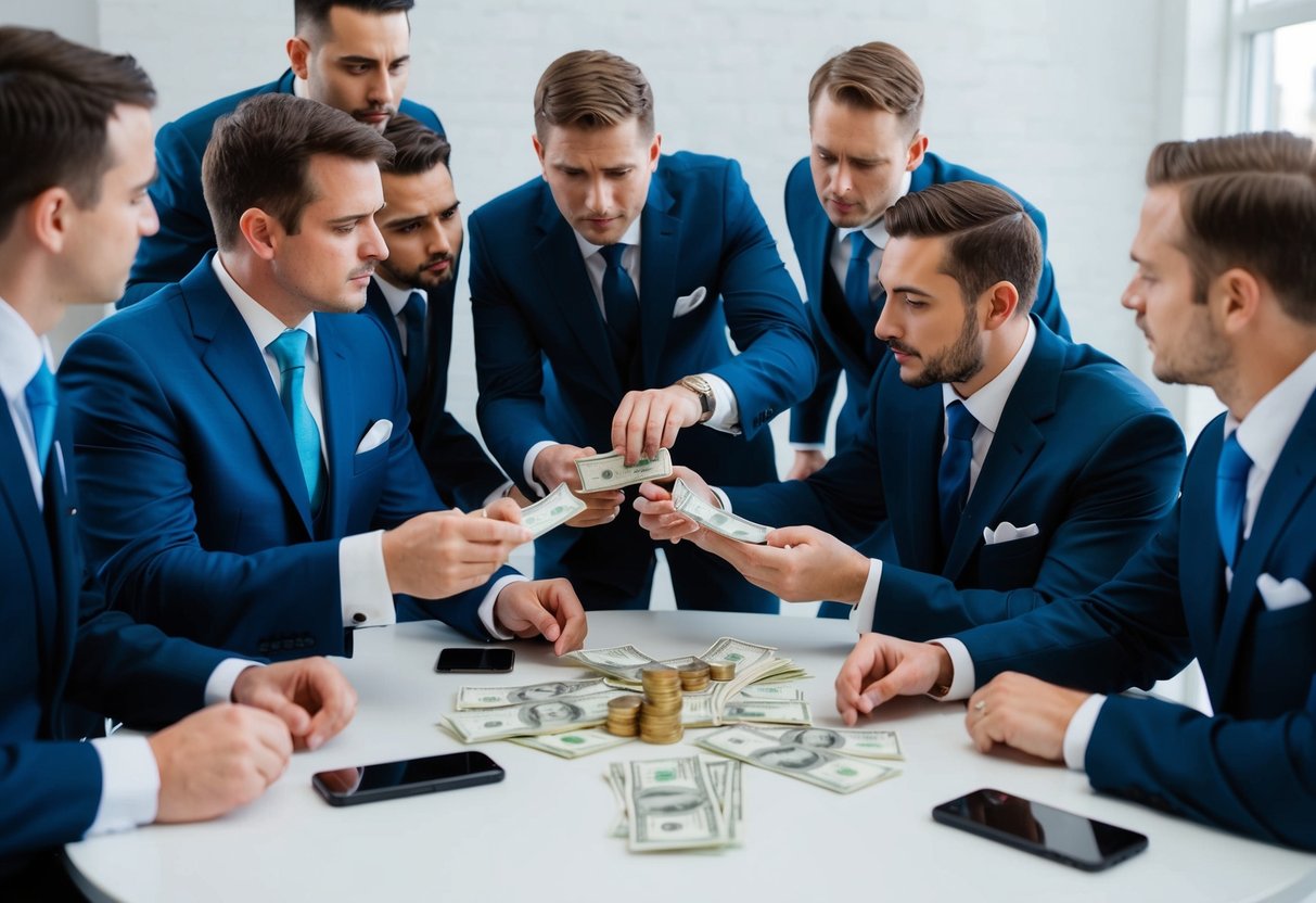 A group of men in suits gather around a table, discussing finances and exchanging money. A groomsman looks on with a concerned expression