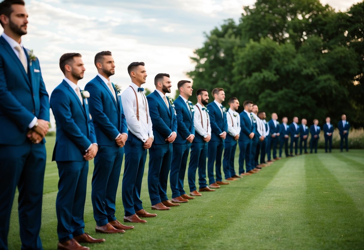 A line of groomsmen in varying heights and styles, standing in a row, awaiting the start of the wedding processional