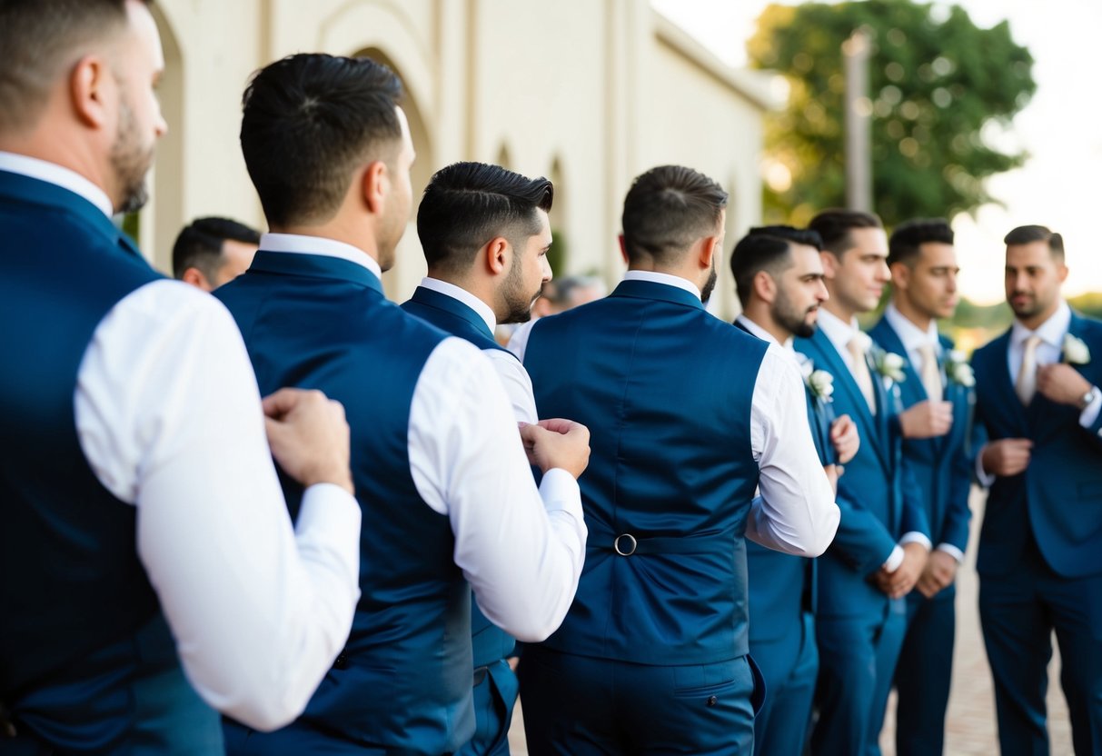 Groomsmen gather in a line, adjusting ties and straightening jackets before the grand entrance. The best man gives last-minute instructions