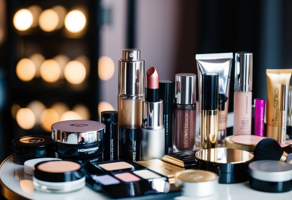 A cluttered makeup table with a mix of high-end and drugstore products. Light reflects off shiny packaging