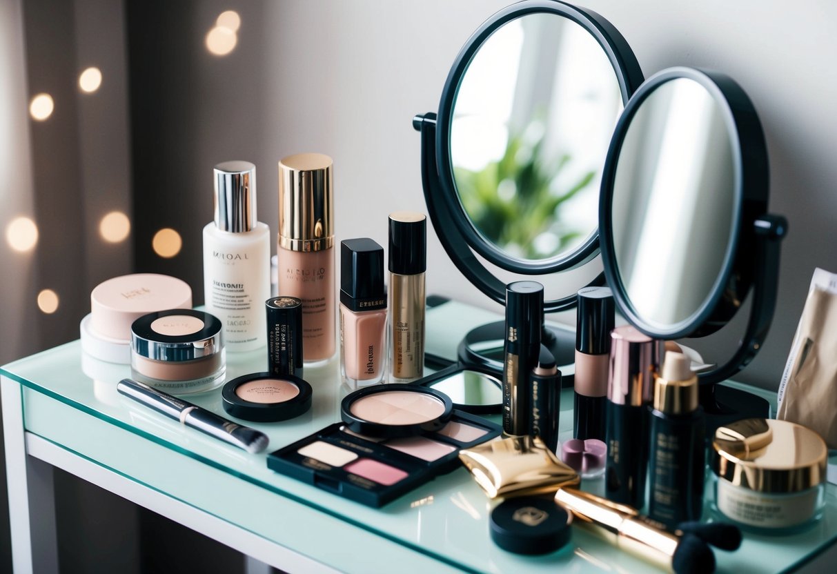 A cluttered vanity table with a mix of high-end and drugstore makeup products, with a magnifying mirror and natural lighting