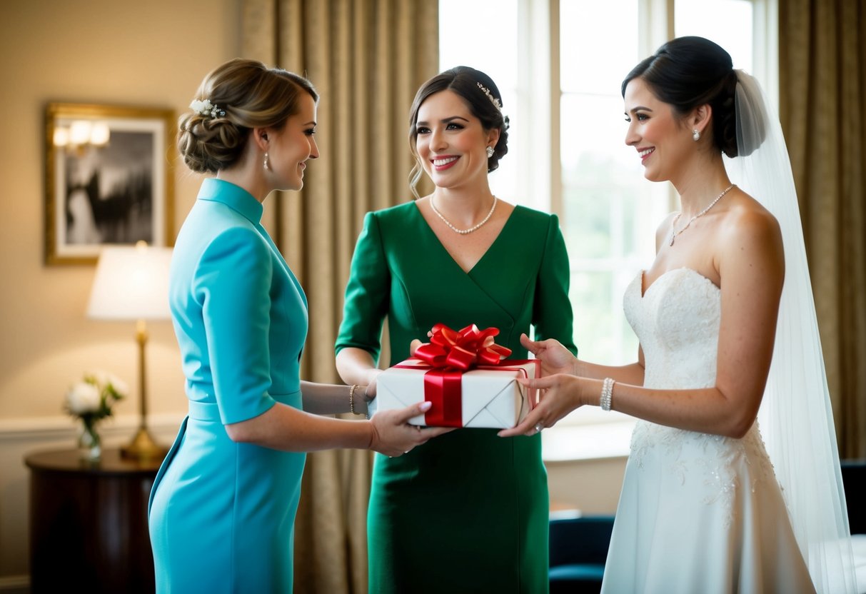 A maid of honor holds a wrapped gift, standing near a bride