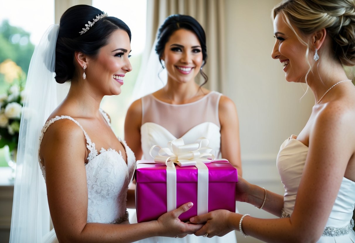 A maid of honor holding a beautifully wrapped gift, standing next to the bride with a smile on her face