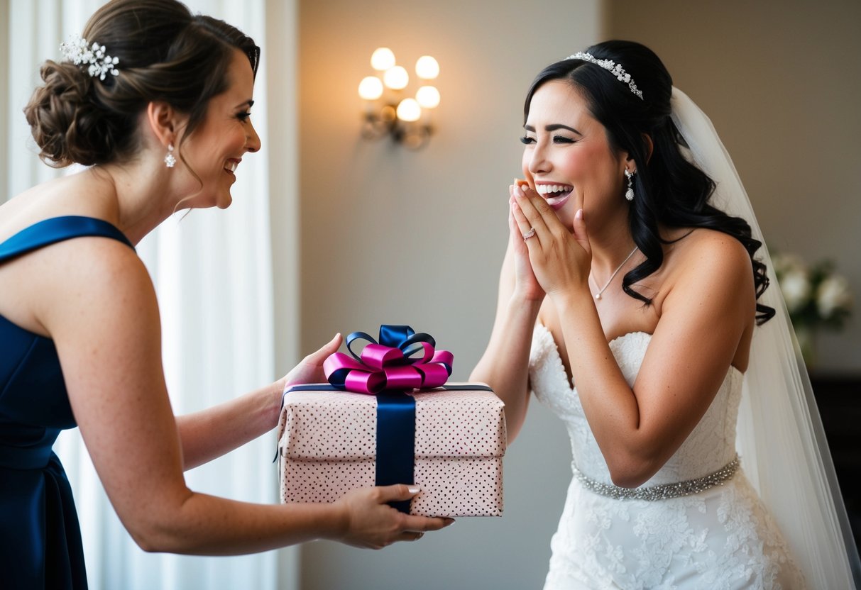 The maid of honor presents a beautifully wrapped gift to the bride, who is overcome with emotion as she accepts it