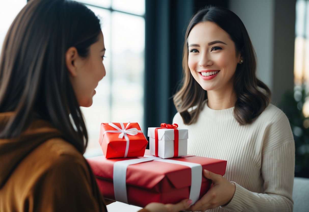 A woman presents a wrapped gift to another person, smiling warmly