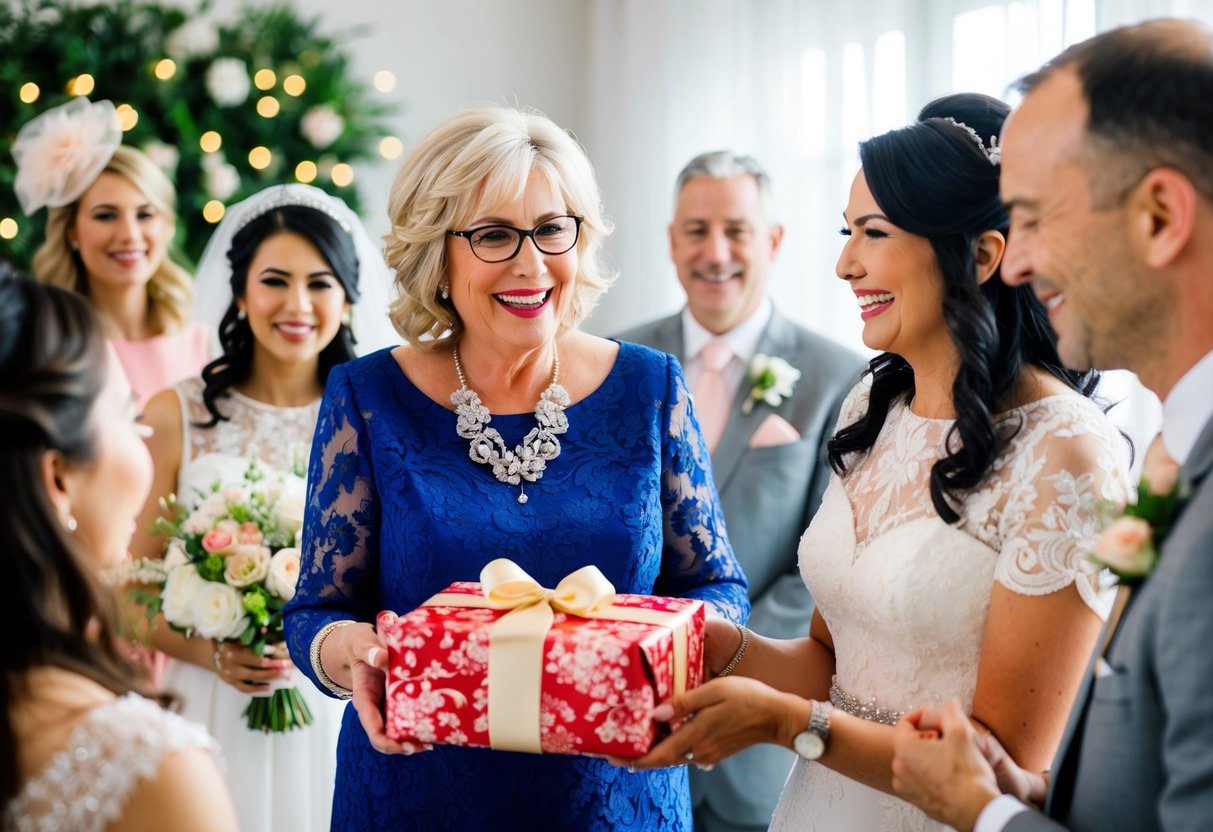 A mother of the bride presents a beautifully wrapped gift to her daughter, surrounded by wedding decor and smiling faces