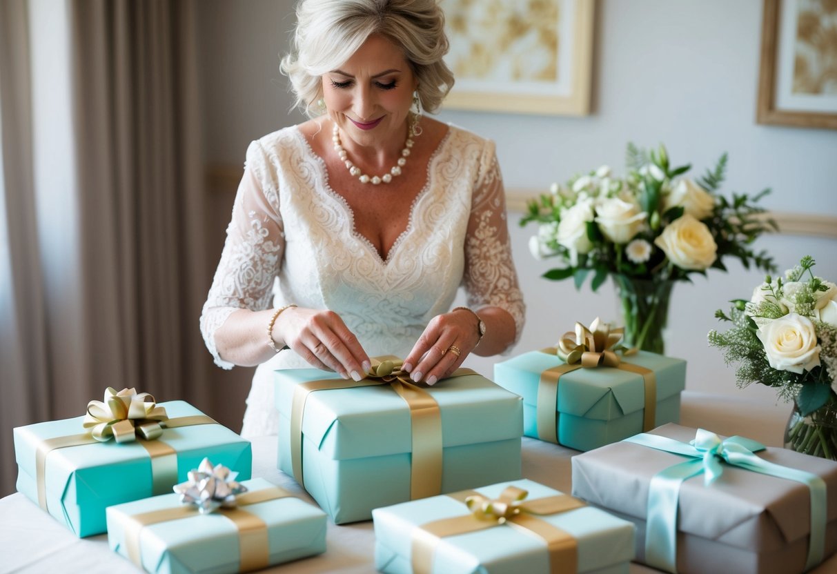 A mother of the bride carefully selects and wraps meaningful gifts for the bridal party, displaying thoughtfulness and love in each item chosen