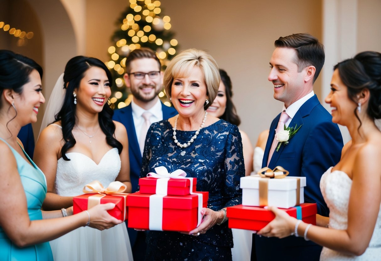 A mother of the bride presents gifts to the wedding party during a joyful gift exchange ceremony