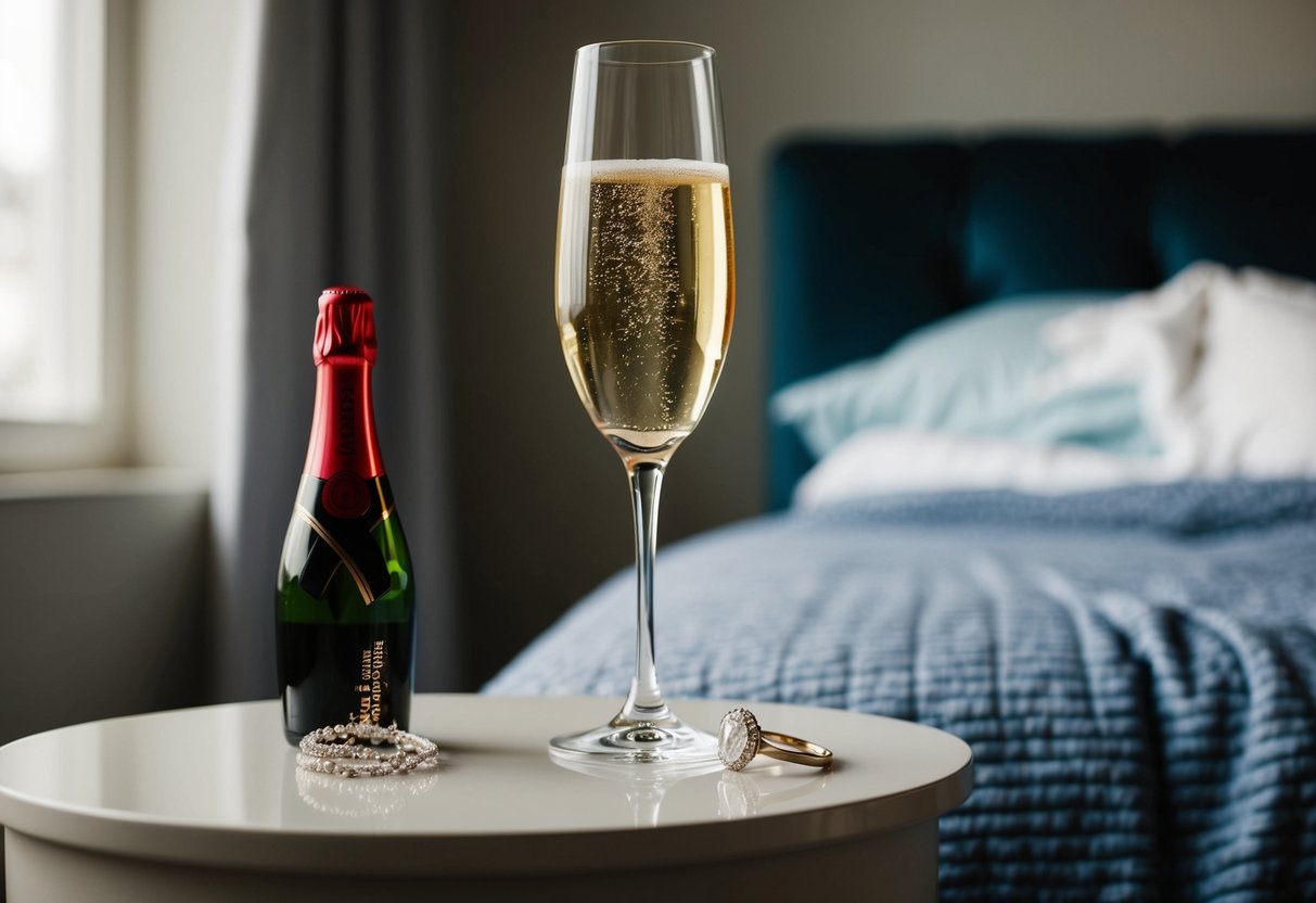 Red lipstick on a champagne glass, a disheveled bed, and a wedding ring on the nightstand
