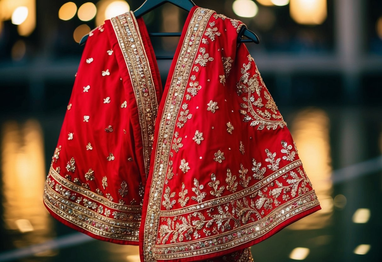 A traditional red wedding sari draped over a hanger, adorned with intricate gold embroidery and shimmering with sequins, symbolizing love and passion