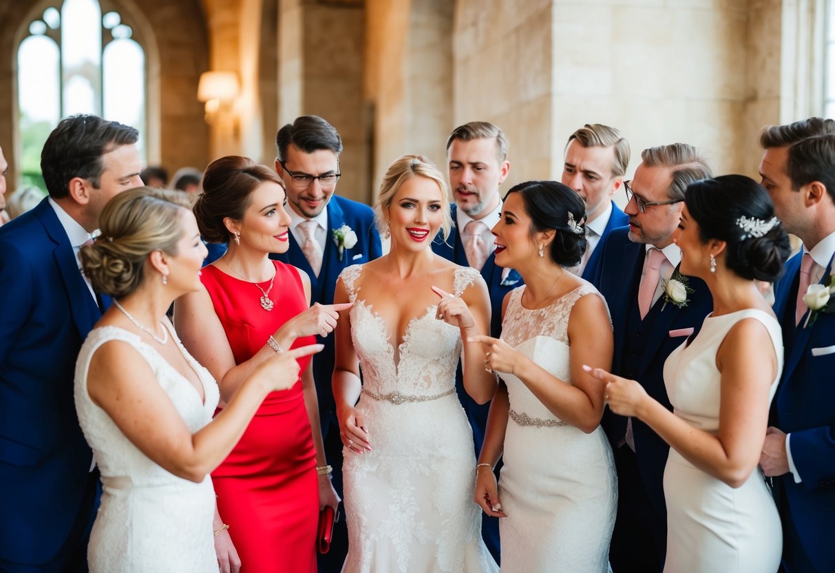 A group of elegantly dressed wedding guests gossiping and pointing at a woman in a stunning red dress