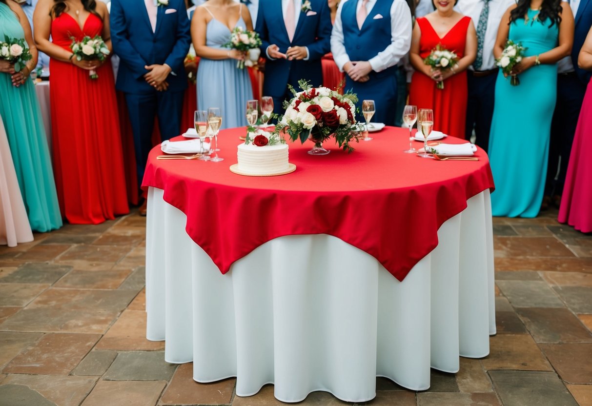A wedding reception with a red tablecloth, bouquet, and cake, surrounded by guests in various colored attire