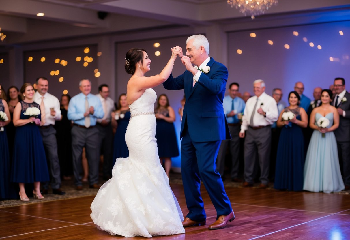 The bride and the groom's father share a dance on the dance floor