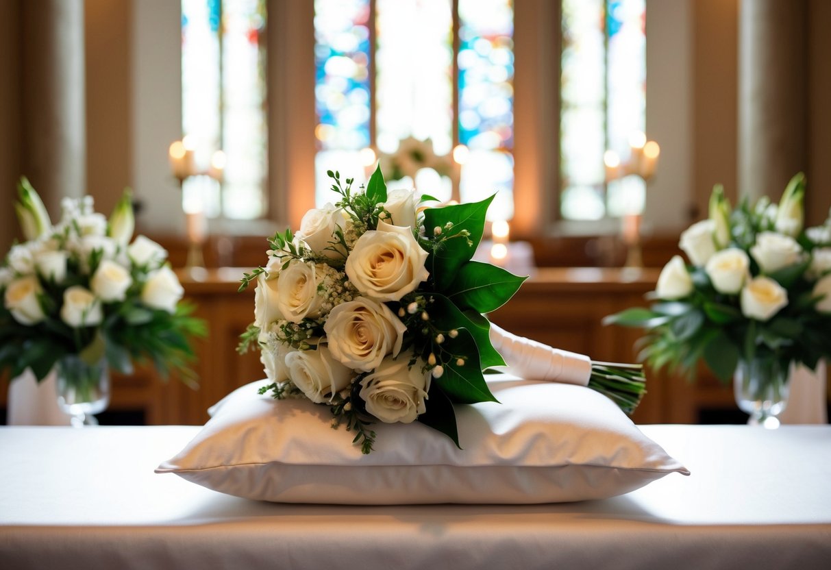 A bouquet rests on a white satin pillow at the altar