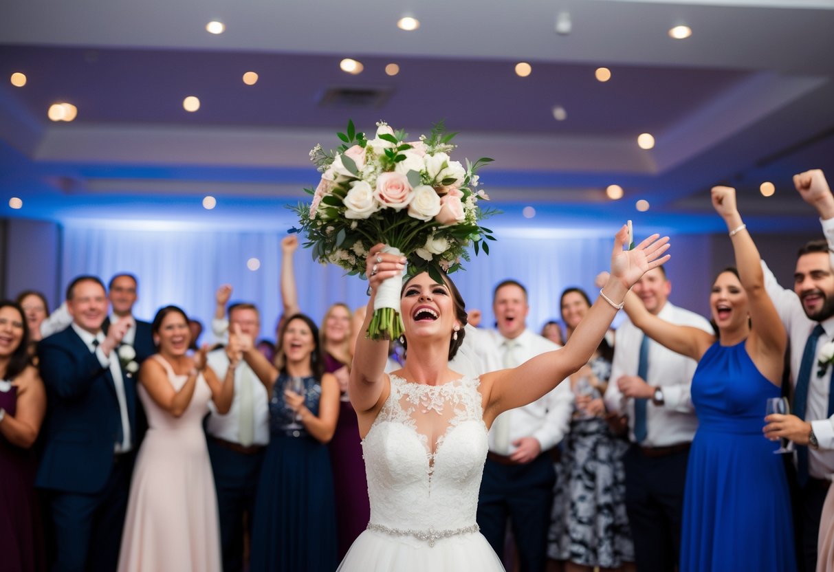 A bride's bouquet flies through the air, surrounded by cheering guests at a lively wedding reception