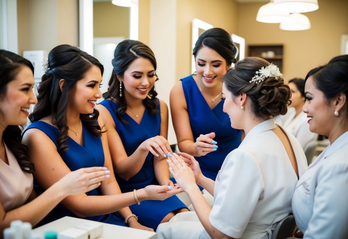 A group of bridesmaids at a nail salon, one offering to pay for the bride's manicure while others look on
