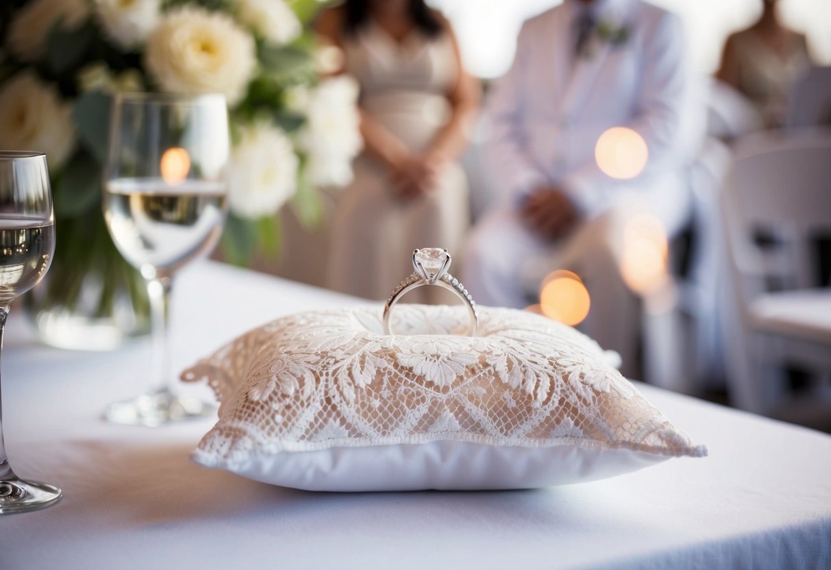 The bride's engagement ring lies on a delicate white lace pillow, positioned prominently on a table at the front of the ceremony