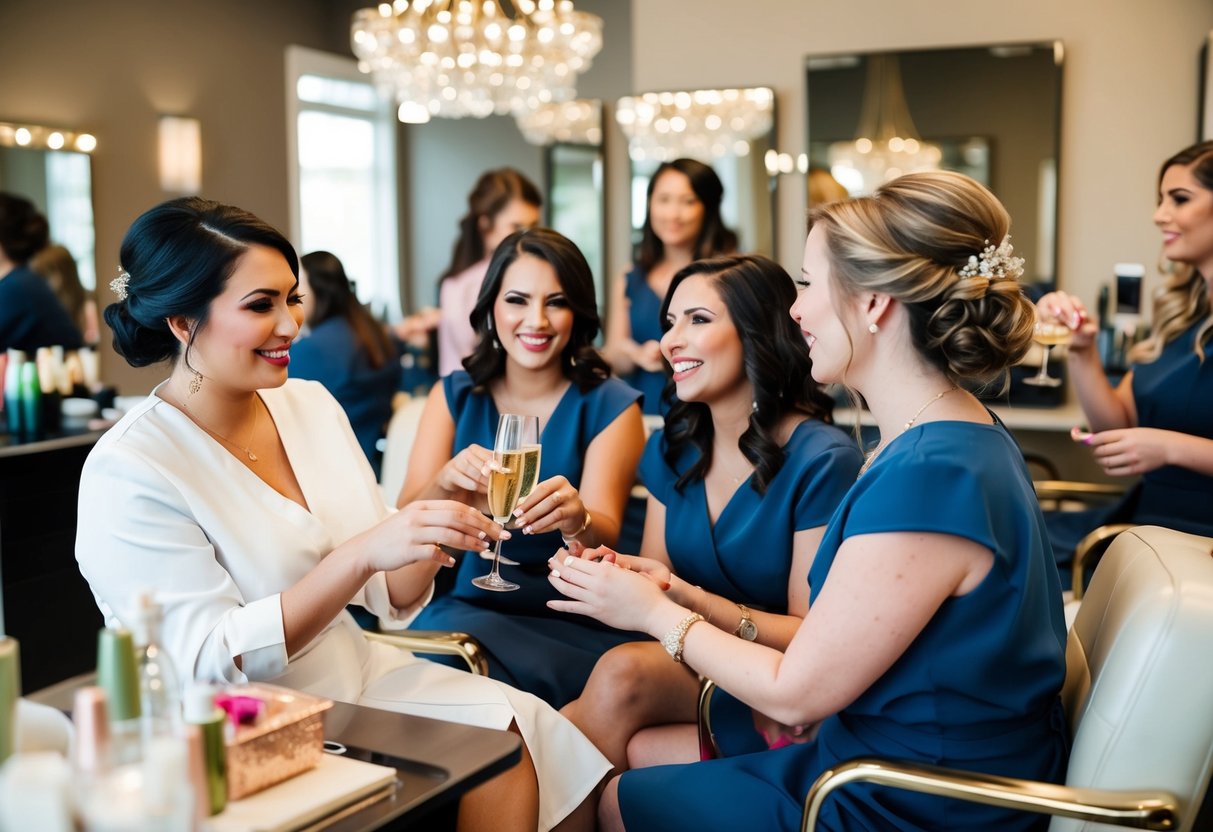 Bridesmaids getting their nails done together at a salon, chatting and sipping champagne