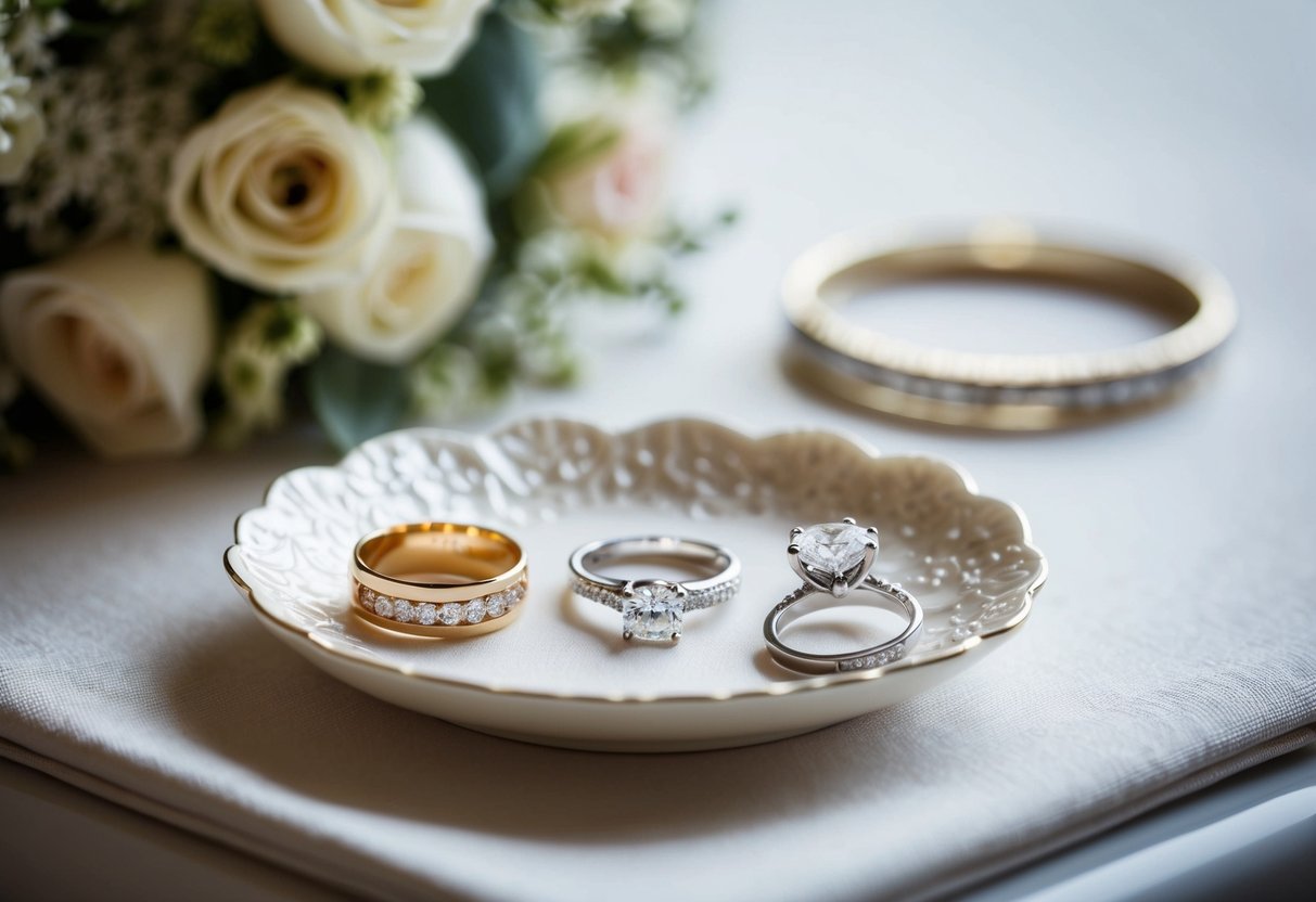 The bride's engagement ring sits on a delicate jewelry dish, alongside her wedding band and other accessories, as she prepares for the ceremony