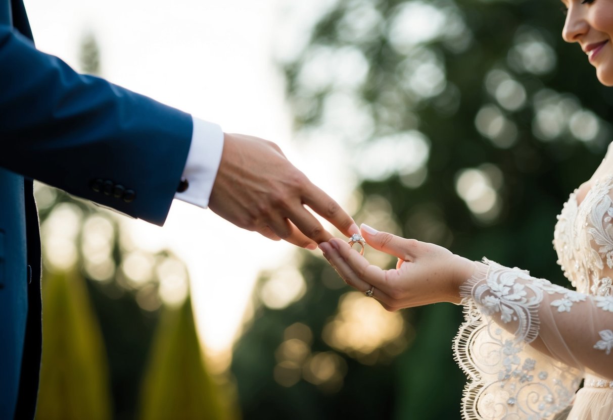The groom holds out his hand, the bride gently slides her engagement ring off and places it on his finger