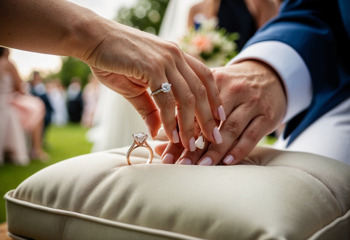 The bride places her engagement ring on a cushioned surface during the ceremony
