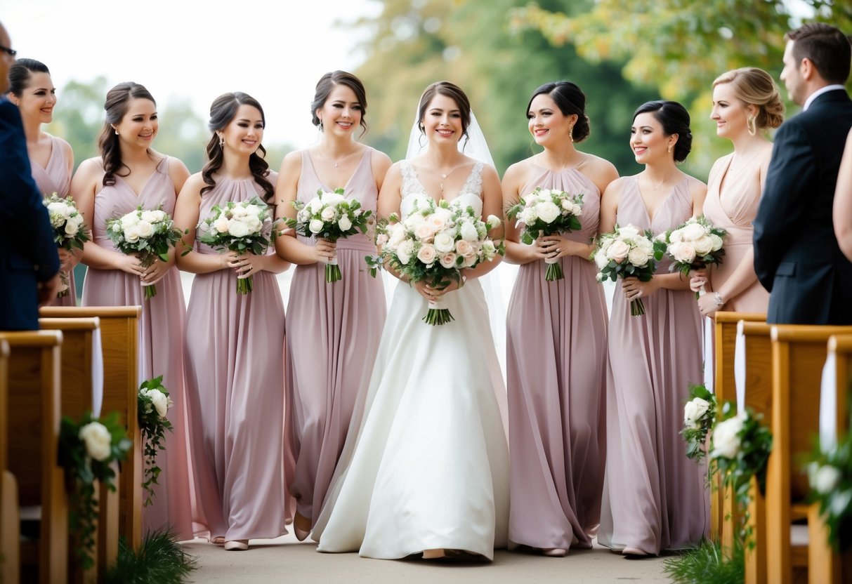 Bridesmaids walk down the aisle to the same music as the bride, all in step and with matching bouquets