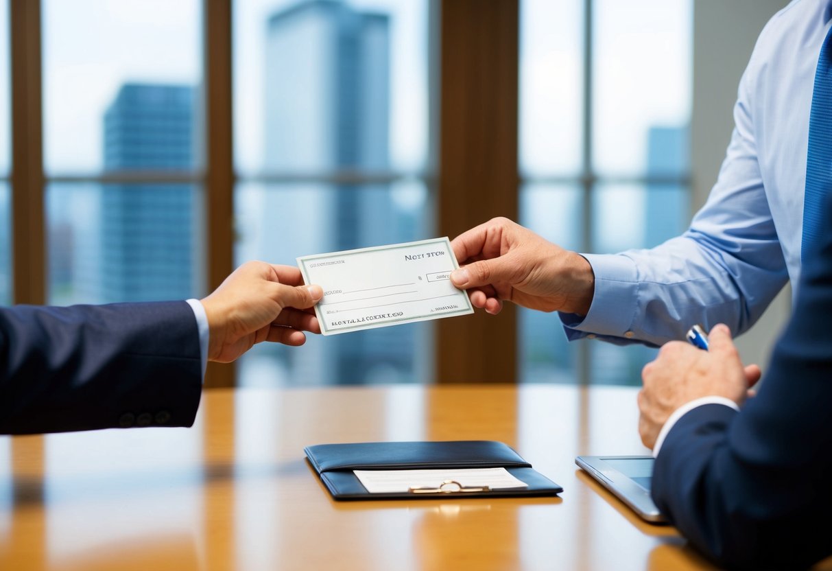 A man handing over a check or cash to another person in a formal setting
