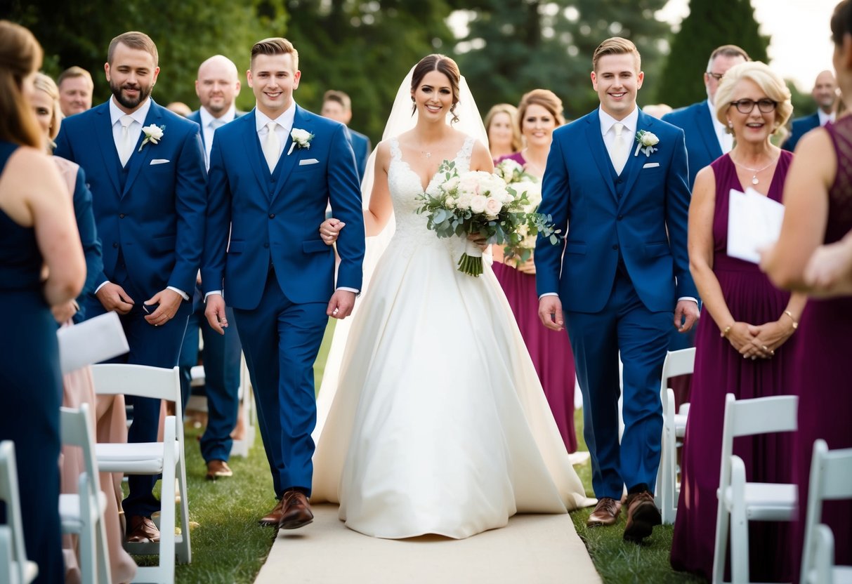 The bridal party walks in unison down the aisle, accompanied by the same music as the bride