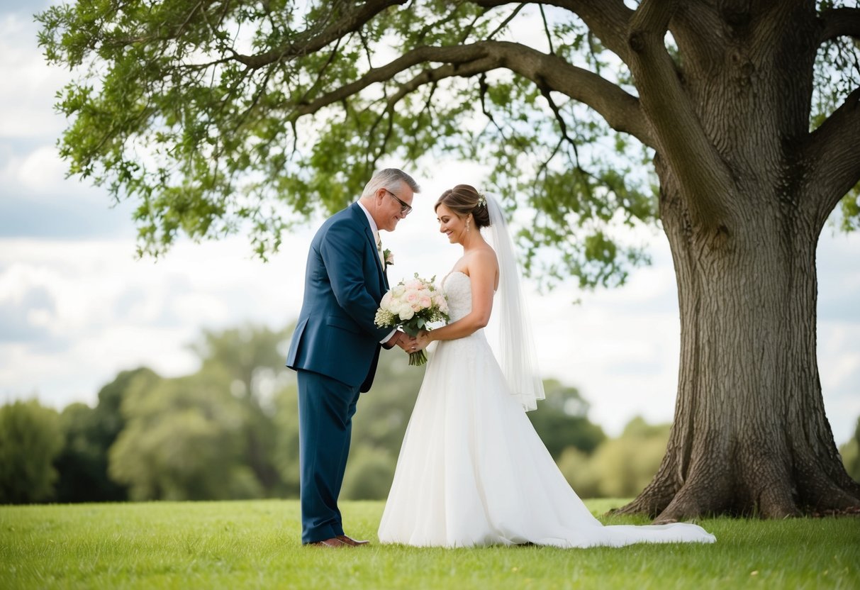 A father figure offers emotional support to a bride, symbolized by a sturdy oak tree providing shelter to a delicate flower