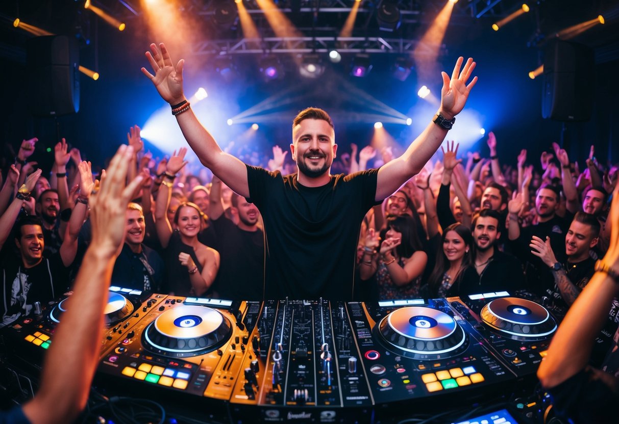 A DJ surrounded by a crowd, hands raised, lights flashing, and music blasting from speakers