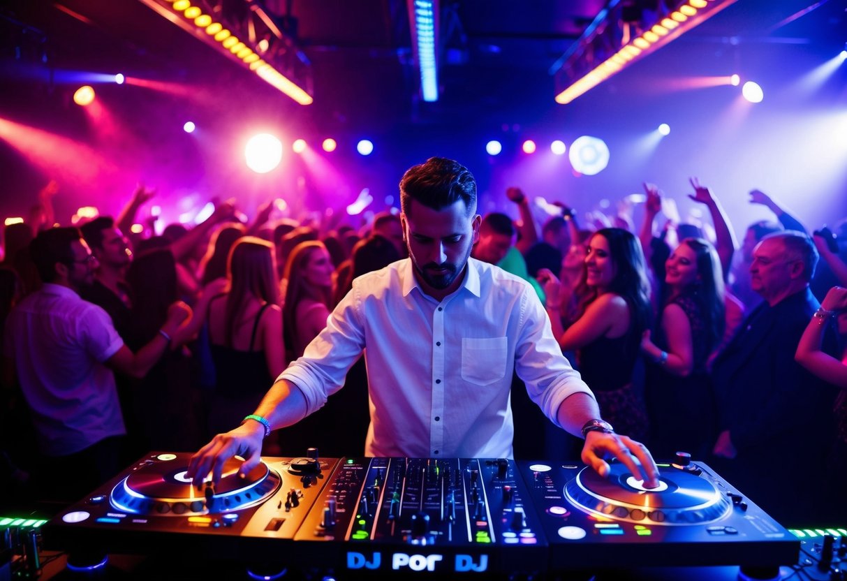 A DJ stands behind a sleek turntable setup, surrounded by colorful lights and a crowd of dancing people. The room pulses with energy as the DJ spins tracks and controls the music
