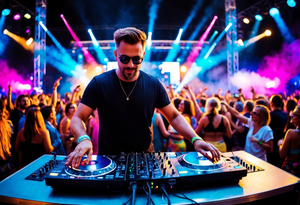 A DJ performing at a lively outdoor festival, surrounded by a crowd of dancing people and colorful stage lights