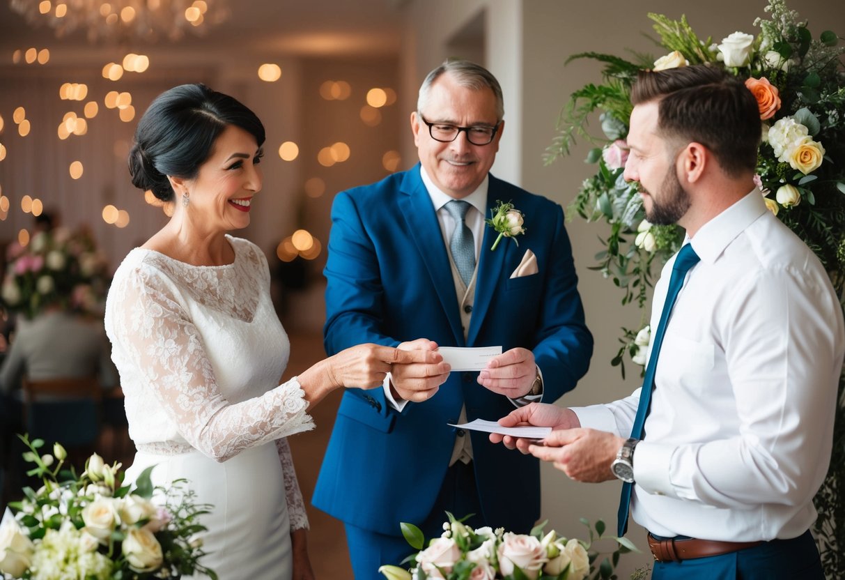 A groom's parents handing over a check to a florist while discussing flower arrangements for a wedding