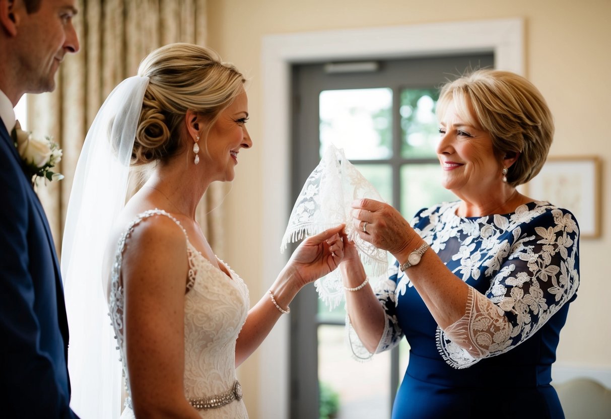 The mother of the groom presents a delicate lace handkerchief to the bride