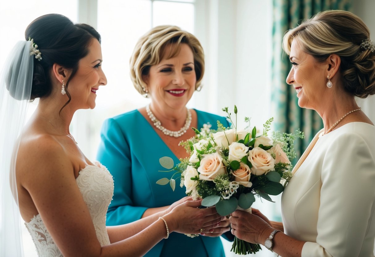 The mother of the groom presents the bride with a delicate bouquet of flowers, symbolizing her support and warm welcome into the family