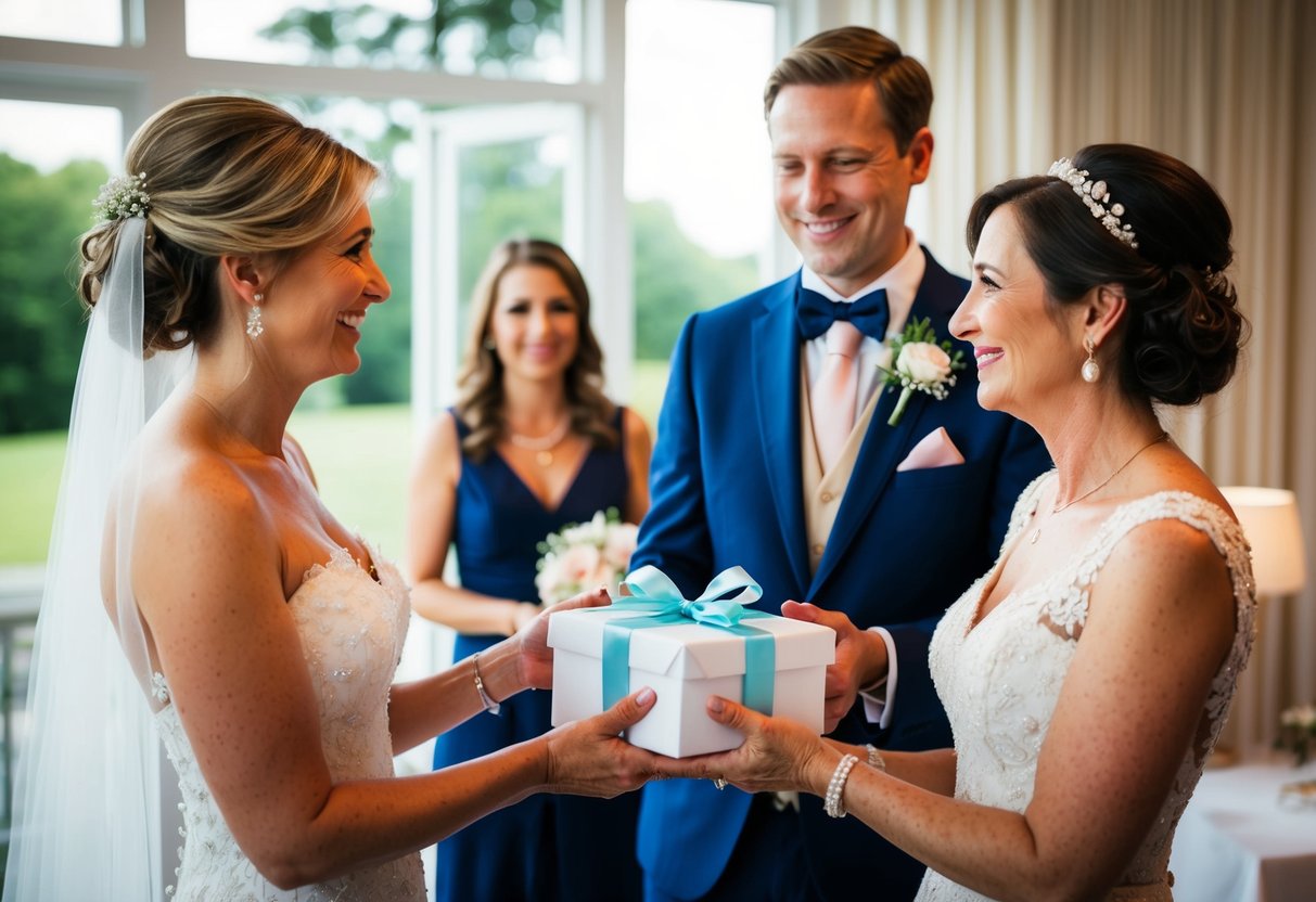 The mother of the groom presents a thoughtful gift to the bride during a post-wedding celebration