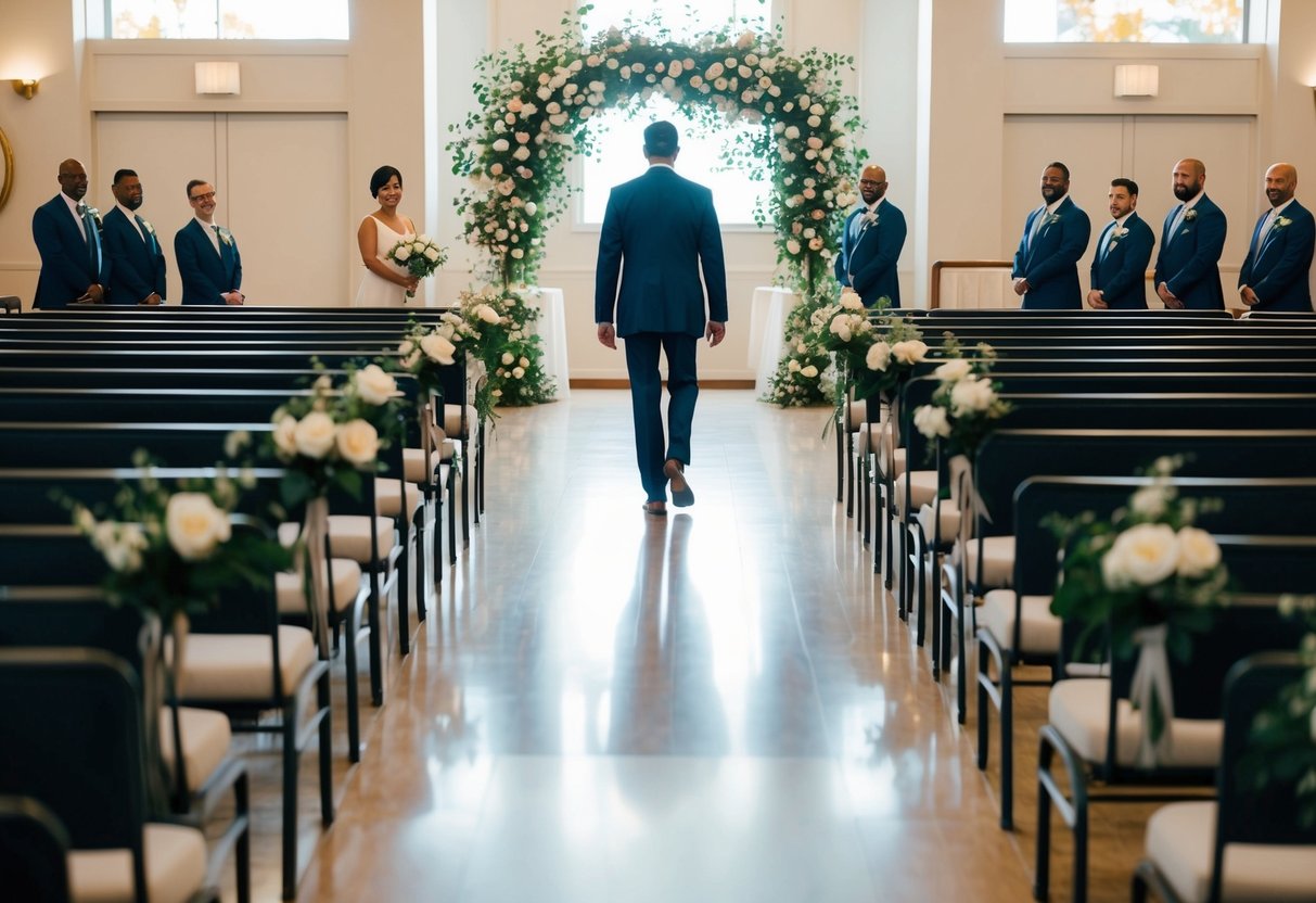 A lone figure walks down the aisle, surrounded by empty seats and floral decorations