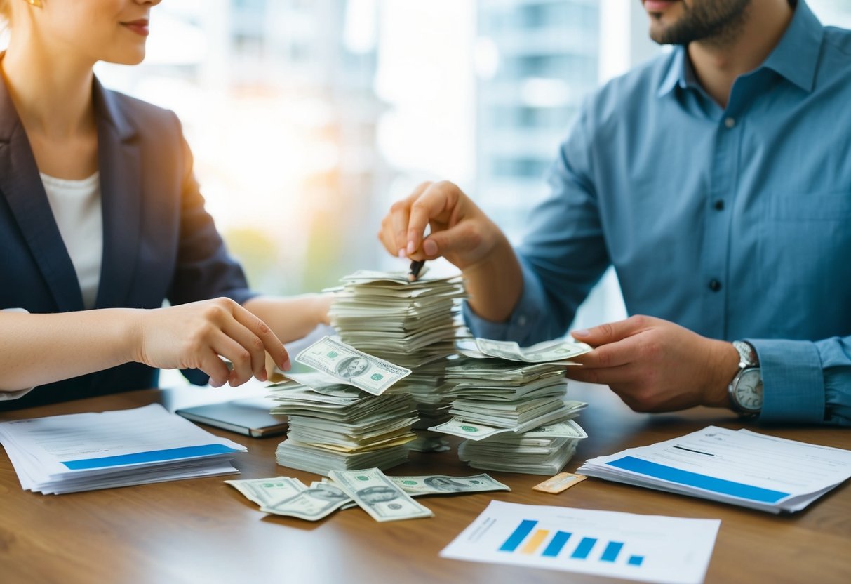 A couple sits at a table, dividing a stack of bills and receipts. They discuss and allocate funds into separate piles, each representing different financial responsibilities within their marriage