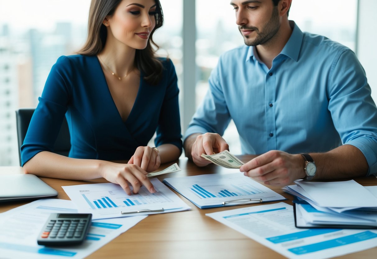 A couple sits at a table, dividing money and assets while surrounded by legal documents and financial statements. They appear to be discussing and negotiating the division of their finances in a marriage