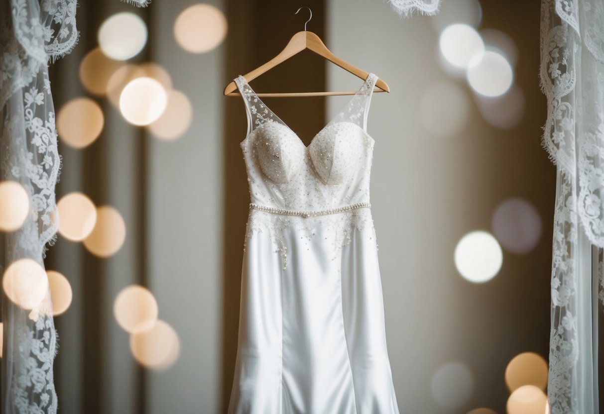 A slimming wedding dress hanging on a hanger, surrounded by delicate lace and beading