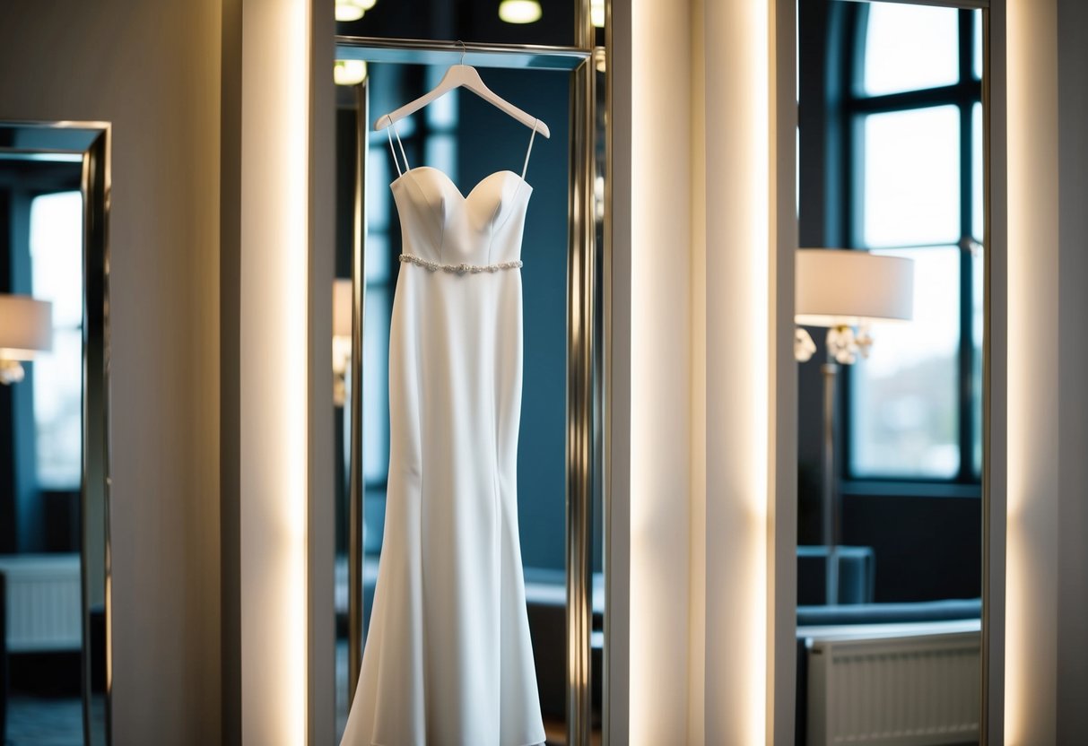A slender wedding dress hanging on a sleek mannequin, surrounded by flattering lighting and a full-length mirror